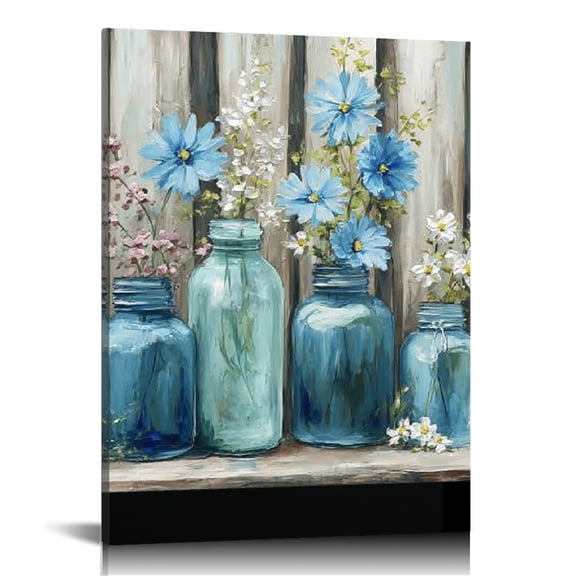 RKSupls Blue Mason Jars Flowers Canvas Wall Art, Canvas Prints Wall Art for Living Room Bedroom Stairway Office, Art Print Painting for Home Decorations,12x16in