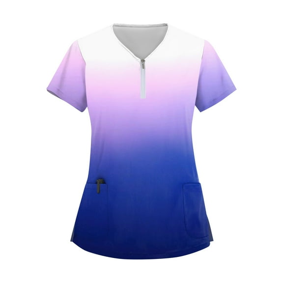 Women's Gradient Zip Front Scrub Top Short Sleeve V-Neck Medical Uniform with Pockets for Nurses and Healthcare