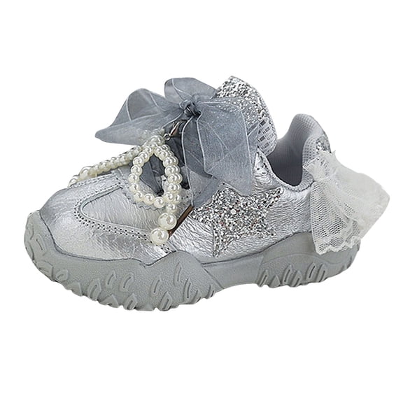 Toddler Girls Pearl Bowknot Slip On Sneakers Kid's Non Slip Walking Shoes Fashion Sparkly Tennis Shoes