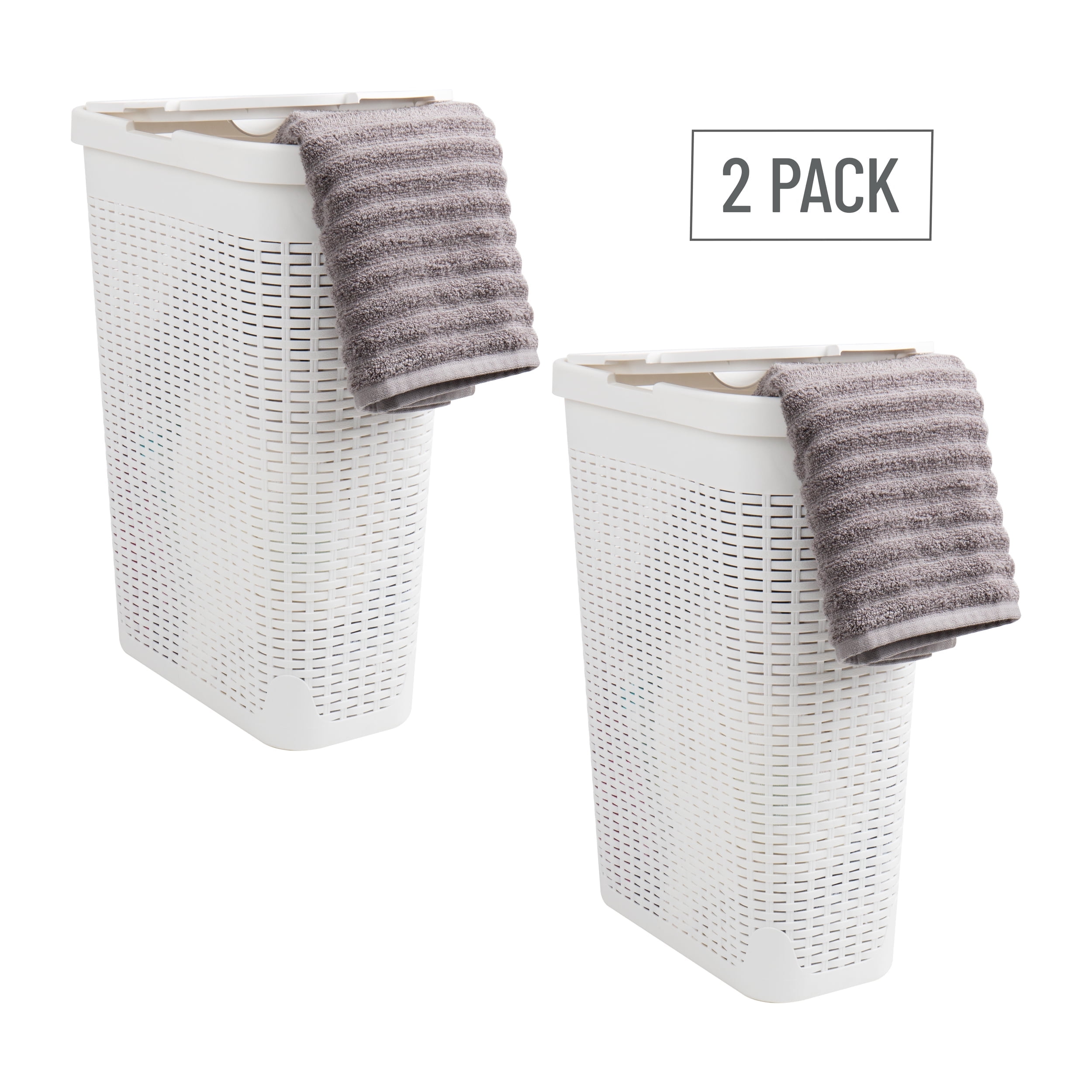 Mind Reader 40L Slim Laundry Hamper, Clothes Basket, Lid, Wicker Design, Plastic, 18"L x 10.4"W x 23.5"H, Set of 2, White