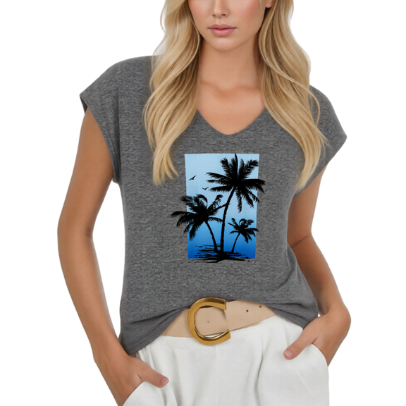 Cozymy Women's Summer Palm Tree Silhouette V-Neck Sleeveless T-Shirt Blue Gradient Casual Tank Top