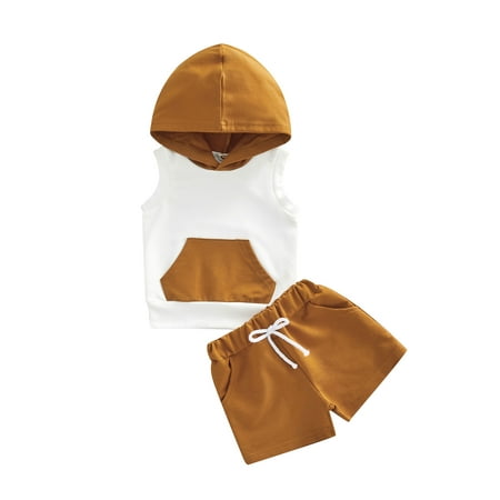 

Canrulo Infant Baby Boy Summer 2PCS Clothes Contrast Color Patchwork Sleeveless Hooded Pocket Tank Solid Shorts Set Brown 18-24 Months