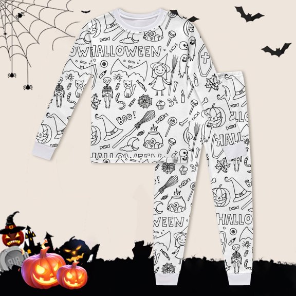 SOFTCCLO Outfit Sets for Boys Halloween Hand Drawn Doodle Long Sleeve Crewneck Sweatshirt Sweatpants 2 Piece Outfits Size 2-3Y