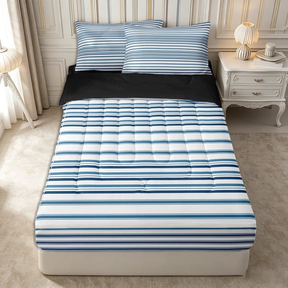Castle Fairy Mid Century Horizontal Stripe Zipper Twin Comforter Sets with Fitted Sheet and 2 Pillowcases,Vintage Thin Line Zipper Bedding Set,Navy Blue White,Reversible