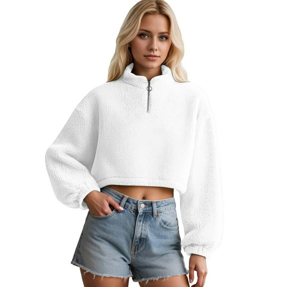 Telankuip Women's Quarter Zip up Sweatshirts Half High Neck Cropped Drop Shoulder Long Sleeve Pullovers Soft Warm Comfort Casual Winter Fall Spring Tops Outerwear White XL