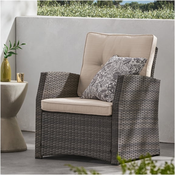 JERFIT Patio Chair Single Sofa with Cushions, Grey All-Weather PE Rattan Outdoor Lounge Chair for Garden, Porch, Poolside