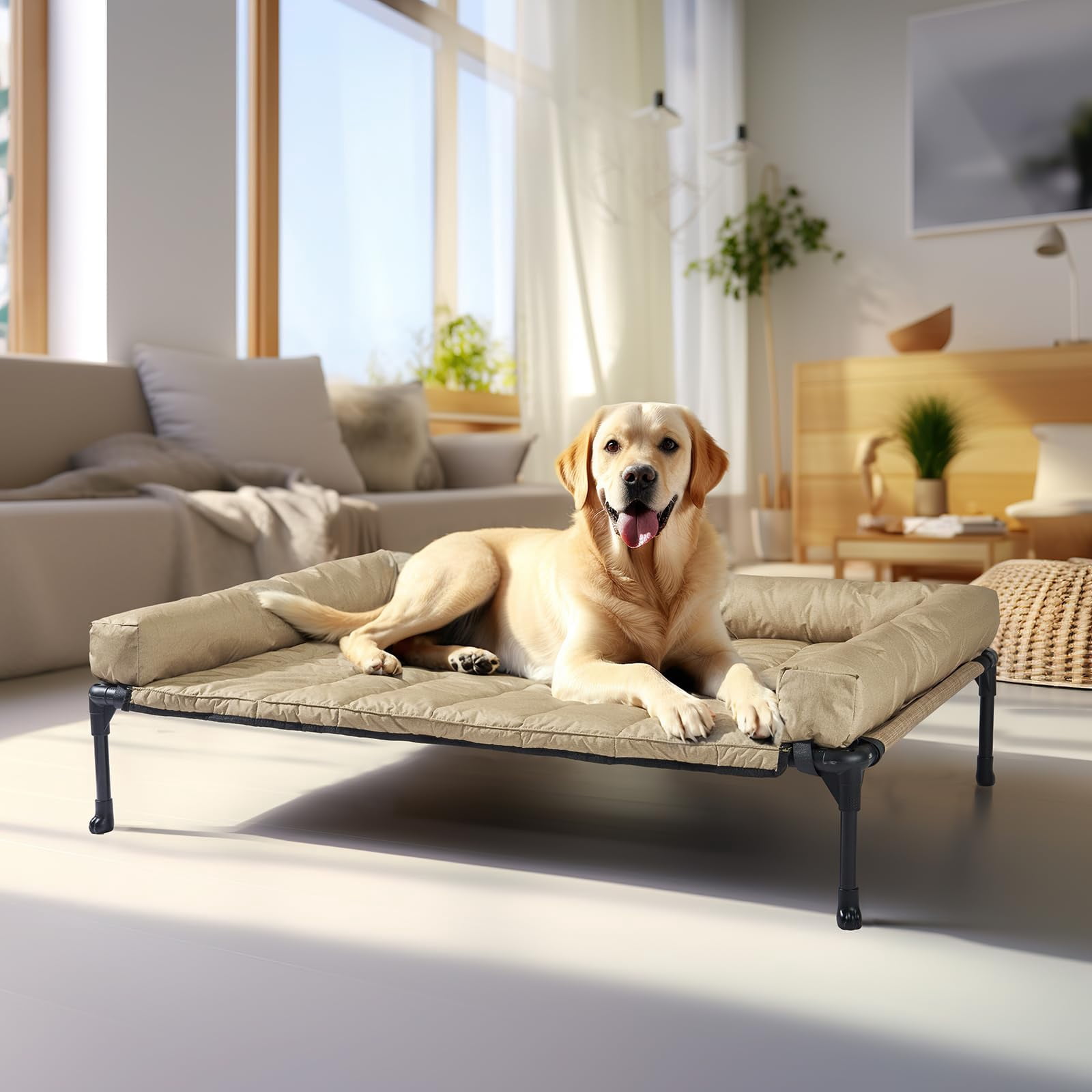 Elevated Dog Bed Add Removable Waterproof Bolster Cushion Mat  Raised Pet With Breathable Teslin Mesh No-slip Feet Couch For Indoor Outdoor 42x30inches Beige Cwc2331b