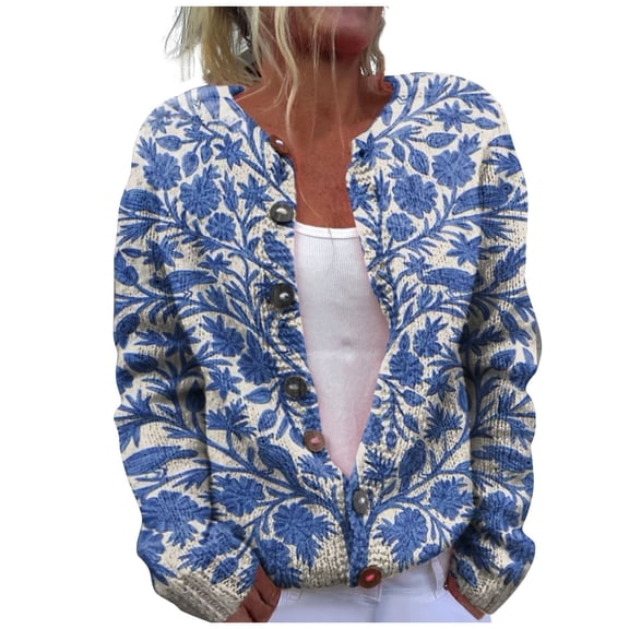 LEKODE Cropped Cardigan Long Sleeve V Neck Button Down Hollow Out Floral Crochet Cover Up Going Out Outerwear A Blue L