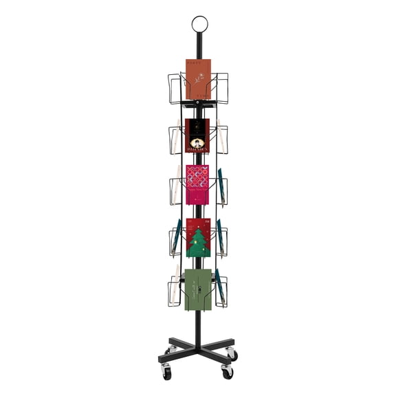 5 Tiers 20 Pocket Card Display Stand 360 ° Rotating Greeting Card Rack 4 Wheels 2 with Locks