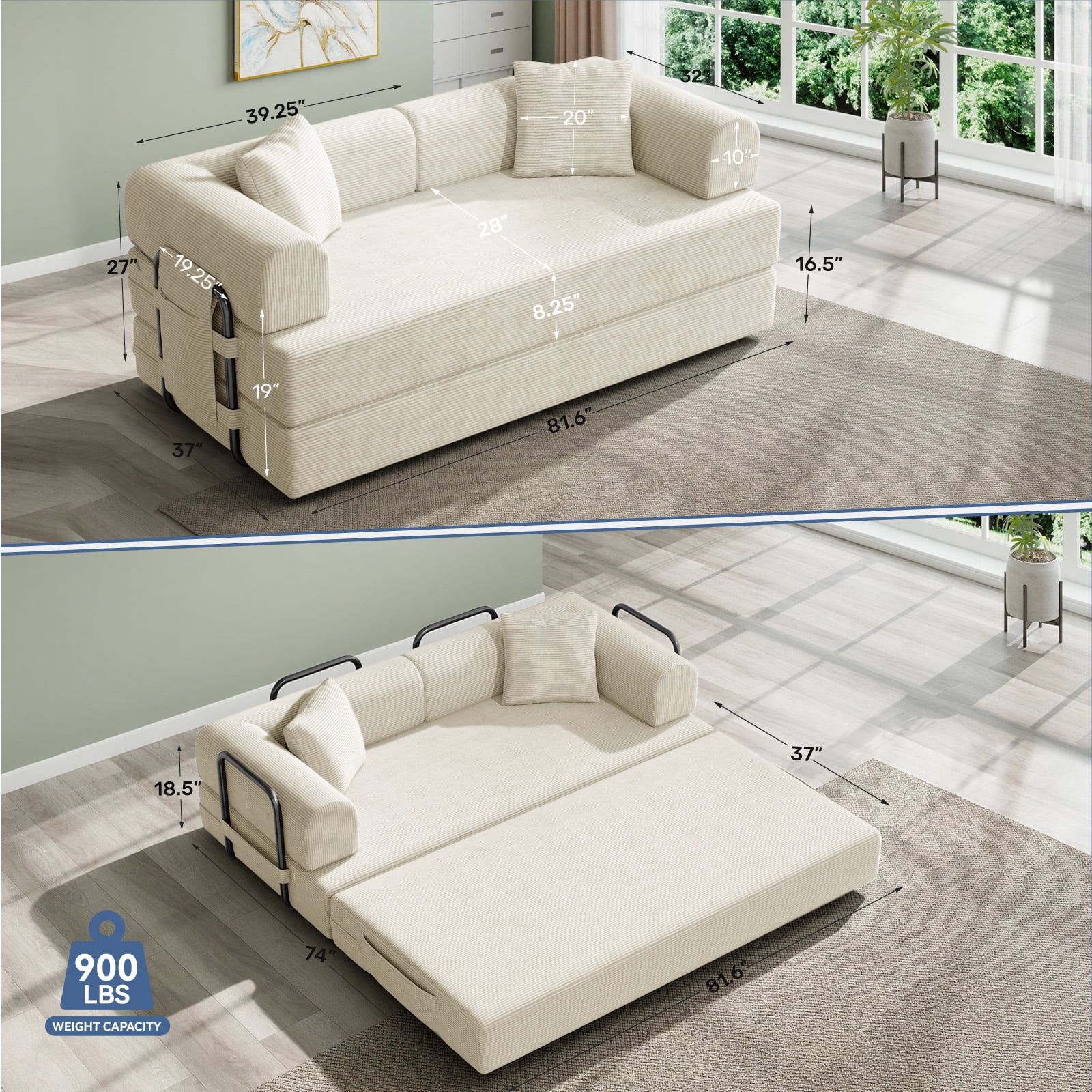 Daluvenix 4-in-1 Folding Convertible Sofa Bed 81 Inch Oversized Corduroy Upholstered Boneless Couch Loveseat Sleeper with Pull Out Bed Beige