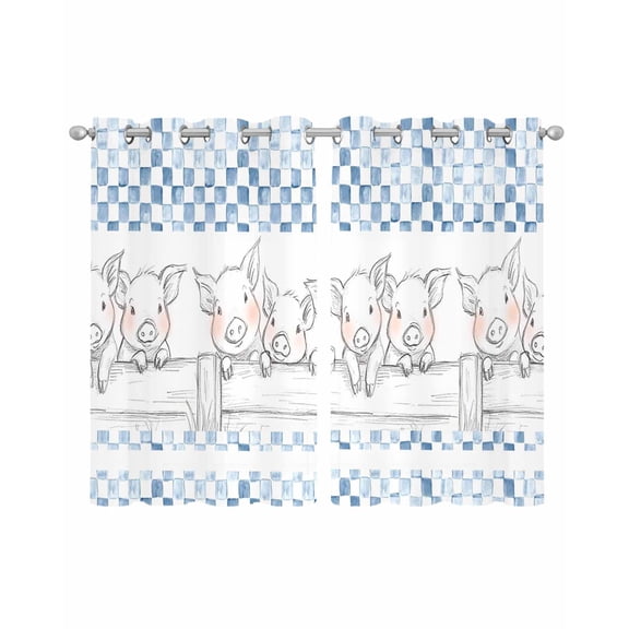 Blue Plaid Farmhouse Sheer Curtains 54 Inch Length 2 Panels Set for Living Room/Bedroom, Watercolor Cute Country Pigs Checkered Kitchen Curtains Grommet Curtains Window Treatments 42"x54"x2