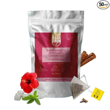 Sweet Hibiscus Cinnamon Green Tea Bags (50 Count), Green Tea with Cinnamon, Clove & Stevia Green Tea, Caffeinated, Real and Natural Green Tea, Blended with Fresh Herbs and Spices, Gluten Free