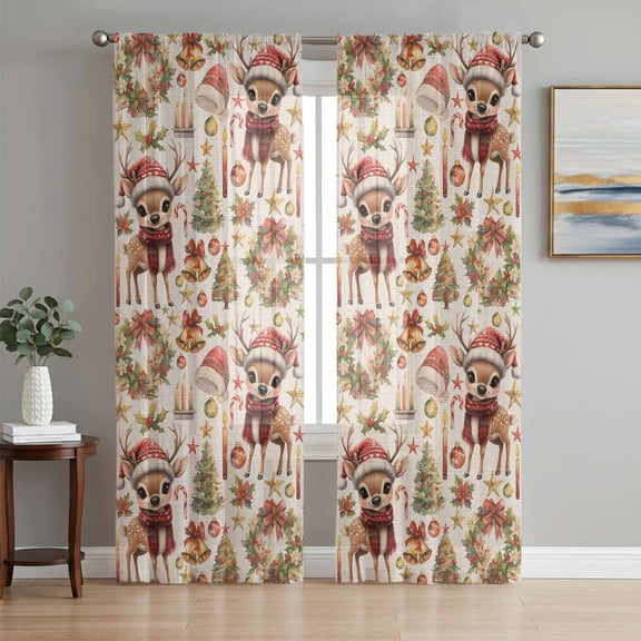 Christmas Sheer Curtains 72 Inch Length 2 Panels Set, Elk Xmas Tree Wreath Balls Bell Rustic Voile Window Treatment Rod Pocket Curtains Sheers Drapes for Bedroom/Living Room/Kitchen 52"x72"x2