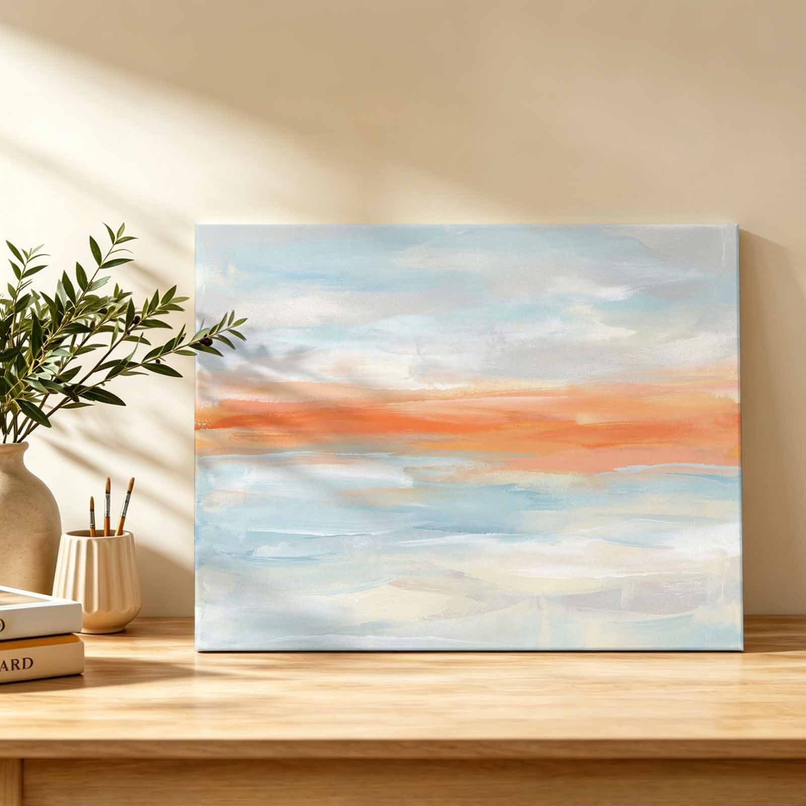 Abstract Sunset Canvas Wall Art Orange Blue Gradient Oil Painting Modern Art Wall Art Prints Artwork Framed Canvas Ready to Hang Art Pictures for Study Living Dining Room Bedroom 20 x 16