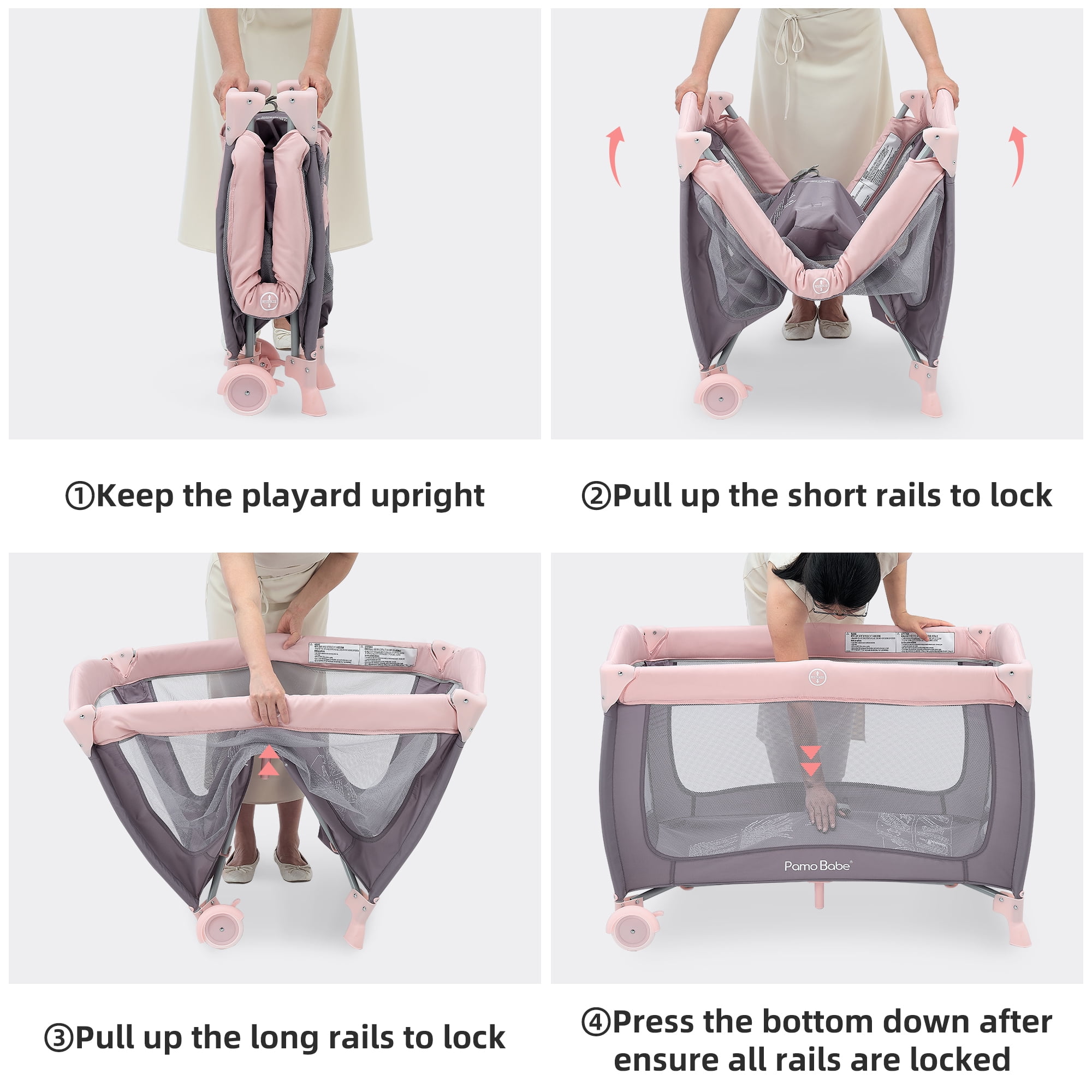 Pamo Babe Baby Playard, Foldable Changing Table, Wheels, Canopy for Newborn, Four-Panels