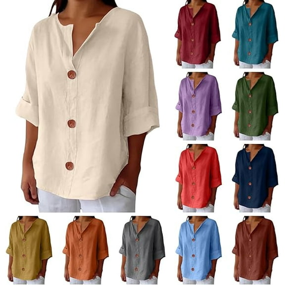 Cotton Linen Shirts for Women Gauze Boho Button Down 3/4 Sleeve Blouses Summer Tops Loose Fit Beach Vacation Outfits