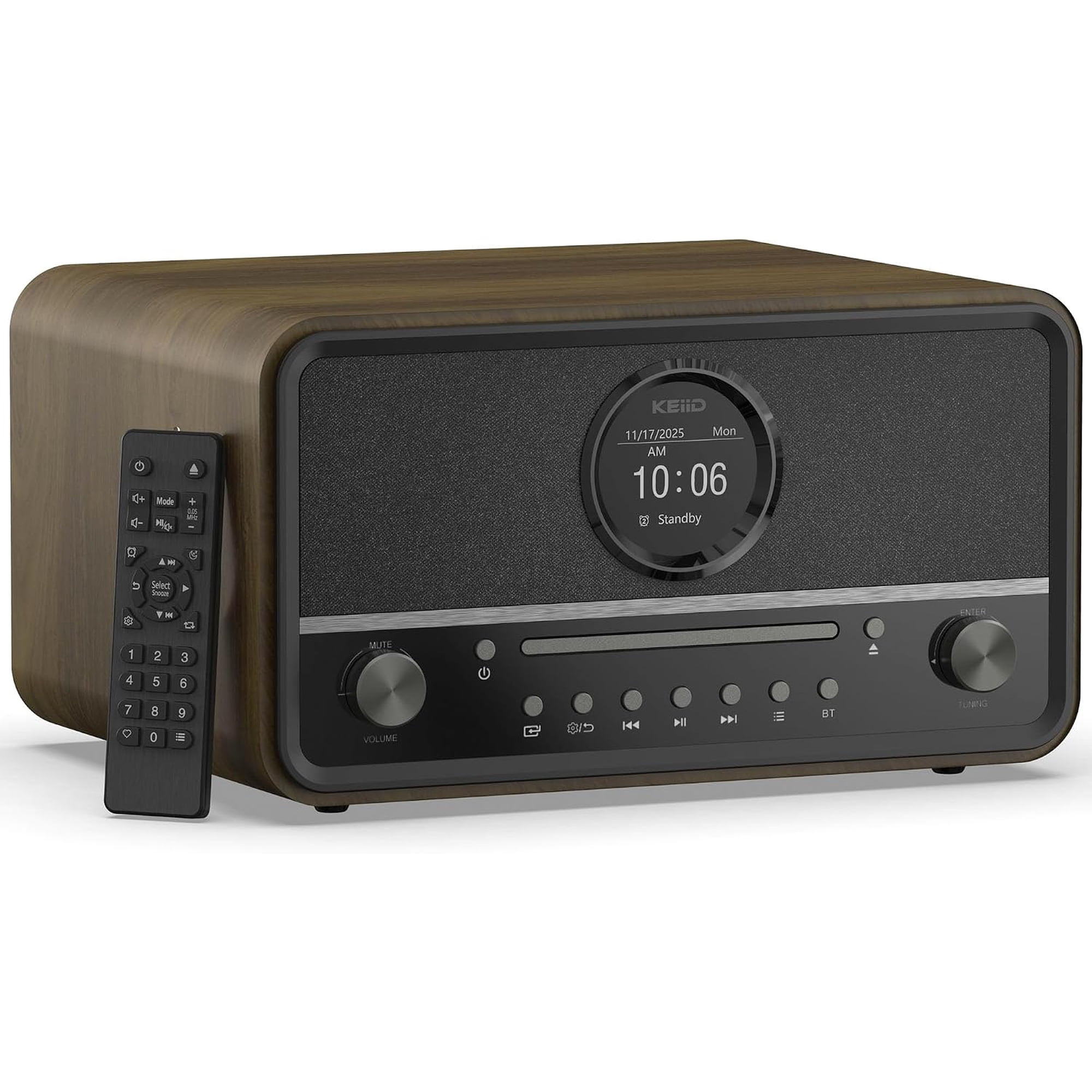 KEiiD Compact Radio CD Player with Speakers for Home, Retro Look Art-Deco Bluetooth Stereo Shelf System, LED Display with Dual Alarm Clocks, USB Playback, AUX, Headphone Output