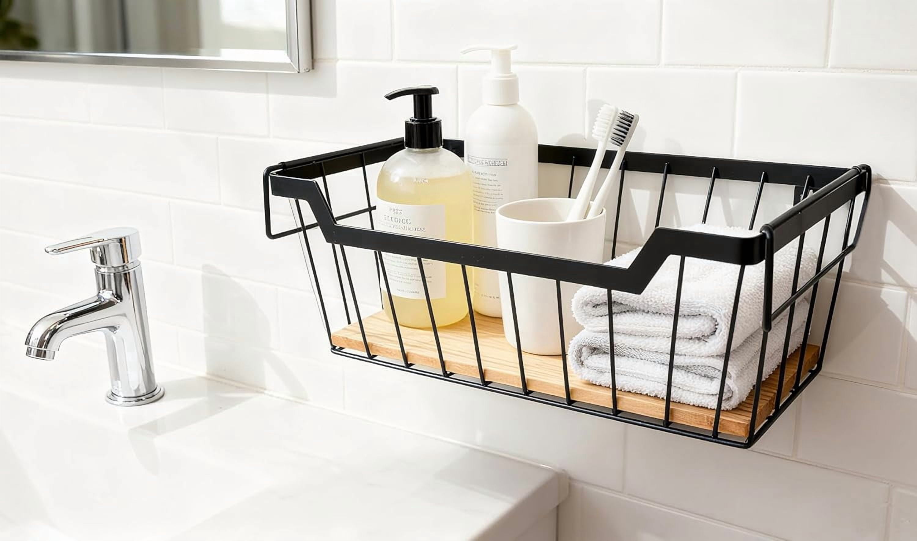 RGHJAR-Metal Wire Basket with Handles Storage Organizer Stackable Organizing bin for Cabinet Shelf Countertop Under Sink Pantry for Kitchen,Bathroom,Laundry Closet, 1 Pack