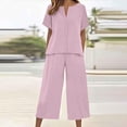 thumbnail image 2 of NMMUED Linen Pant Sets Women 2 Piece Outfits Summer Women’s Cotton Linen 2 Piece Lounge Set Casual Breathable Short Sleeve Top Wide Leg Cropped Pants Relaxed Fit Lounge Set for Women Pink S, 2 of 7