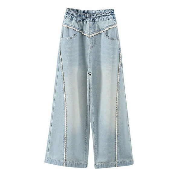 KAUOD Teen Girls Baggy Jeans Lace Patchwork Elastic High Waist Denim Pants Kids Cute Washed Flare Jeans Trousers with Pocks