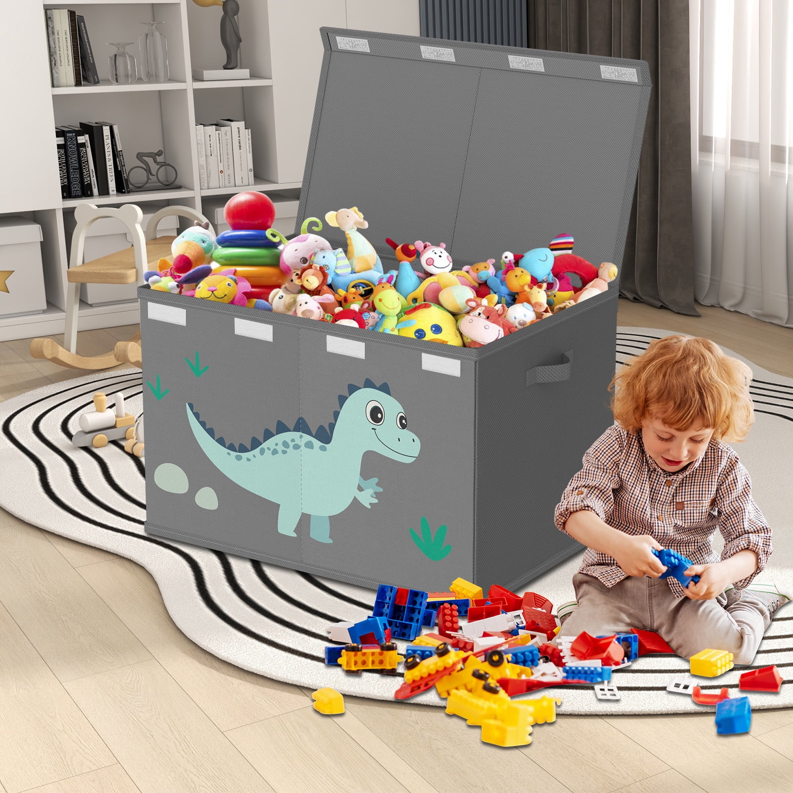 Toy Storage Box with Lids for Boys Girls - Fabric Large Kids Toy Chest Container, Foldable Basket Organsier with 2 handles for Toys,Books,Blankets,Clothes (Grey)