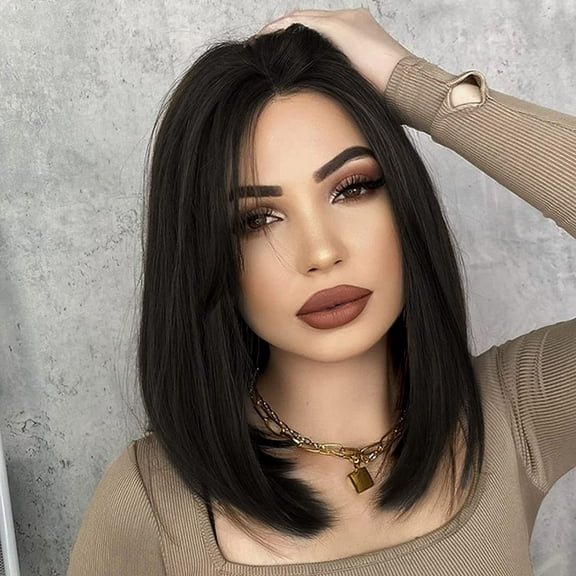 SUCS 14" Black Short Bob Wigs for Women Straight Synthetic Lace Front Wig Caps