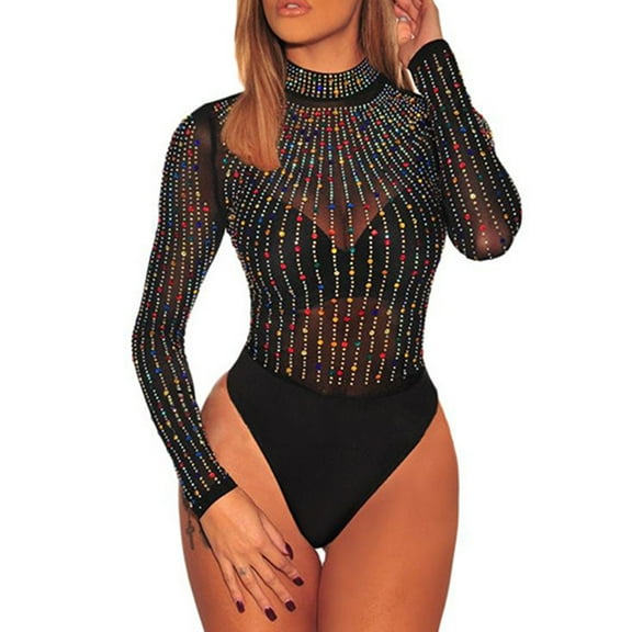 Women Long Sleeves Mesh See Through Jumpsuit Bodysuit Top Leotard