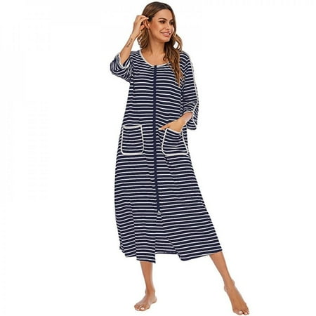 

Women Zipper Robes Full Length Nightgowns Cotton Loose Housecoat Half Sleeve Loungewear with Pockets Round Neck Striped Long Housedress Loose Plus Size Sleepwear Pajamas Dress S-XXL Navy