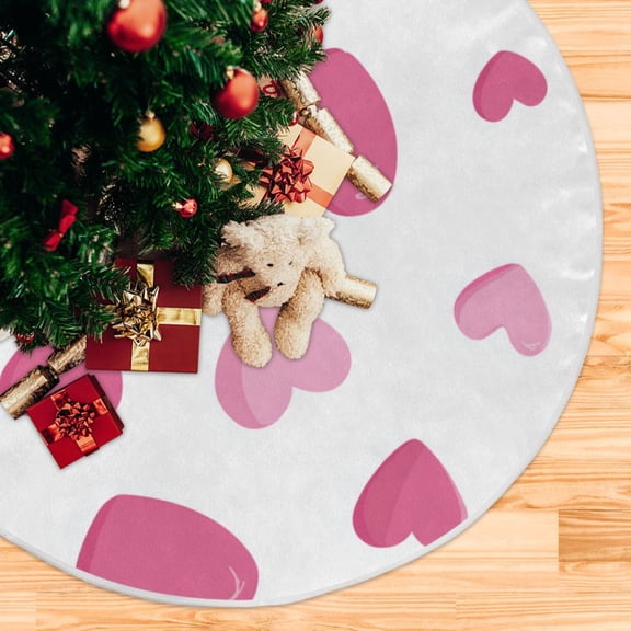 Pink Hearts Valentine Christmas Tree Skirt Opening Design Floor Protection Holiday Decor 35.4" Diameter S