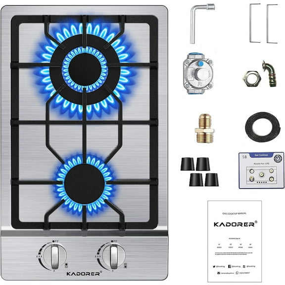 Gas Cooktop 12 inch, Adorer Bulit-in Gas Stove Top with 2 Burner, 12 Inch NG/LPG Convertible Cooktops, Dual Burner Propane Cooktop with Thermocouple Protection, Stainless Steel