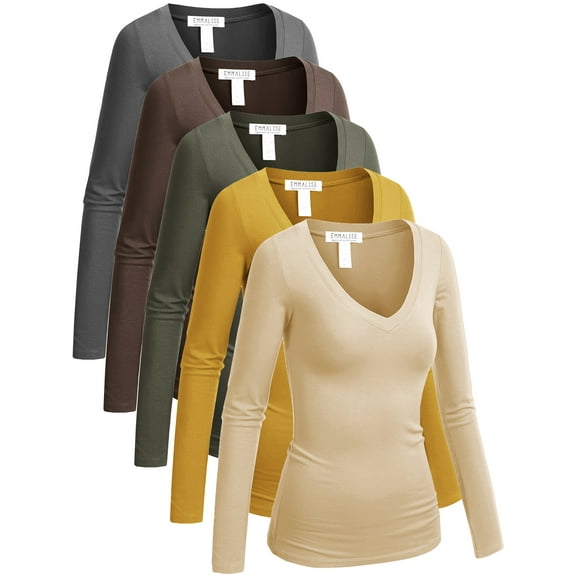 Emmalise 5-Pack Women’s Long Sleeve Junior V-Neck Shirts-Autumn Essentials Pack-M