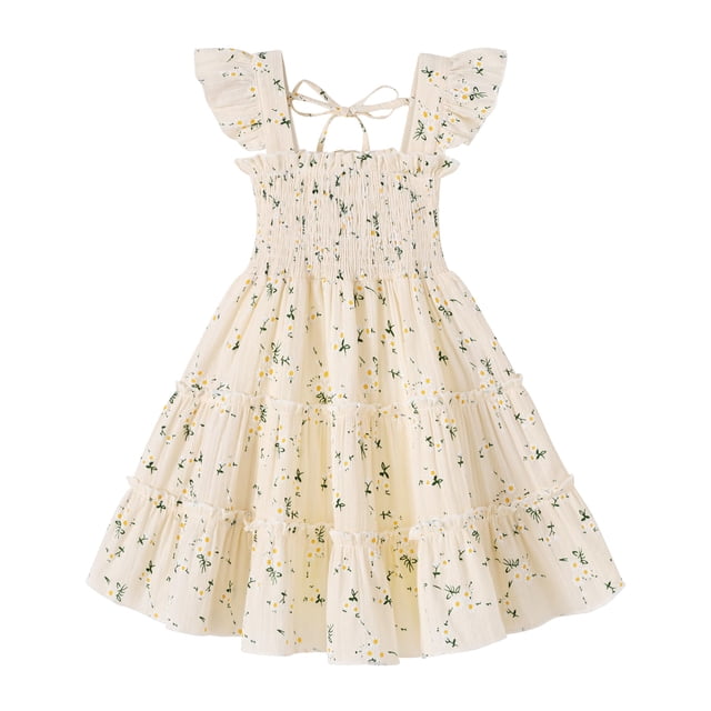 Vestido YOUNGER TREE para niños pequeños sin mangas con volantes, beige 6-7T