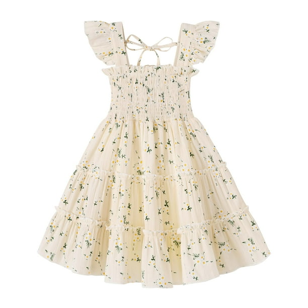 Vestido YOUNGER TREE para niños pequeños sin mangas con volantes, beige 6-7T
