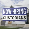 thumbnail image 2 of Now Hiring Custodians 13 oz Heavy Duty Vinyl Banner Custodian Jobs Available Custodial Help Wanted Sign for Business Advertising Indoor/Outdoor Single-Sided w/ Metal Grommets (1.5x5 ft, Wh & Bl & Bk), 2 of 6