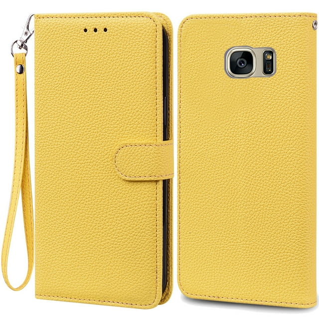 S7Edge Case For Samsung Galaxy S7 Case Leather Wallet On For Samsung S7 Edge Case Soft Flip Cover For Samsung S7 S 7 Edge Fundas Yellow -Strap For Samsung S7 Edge
