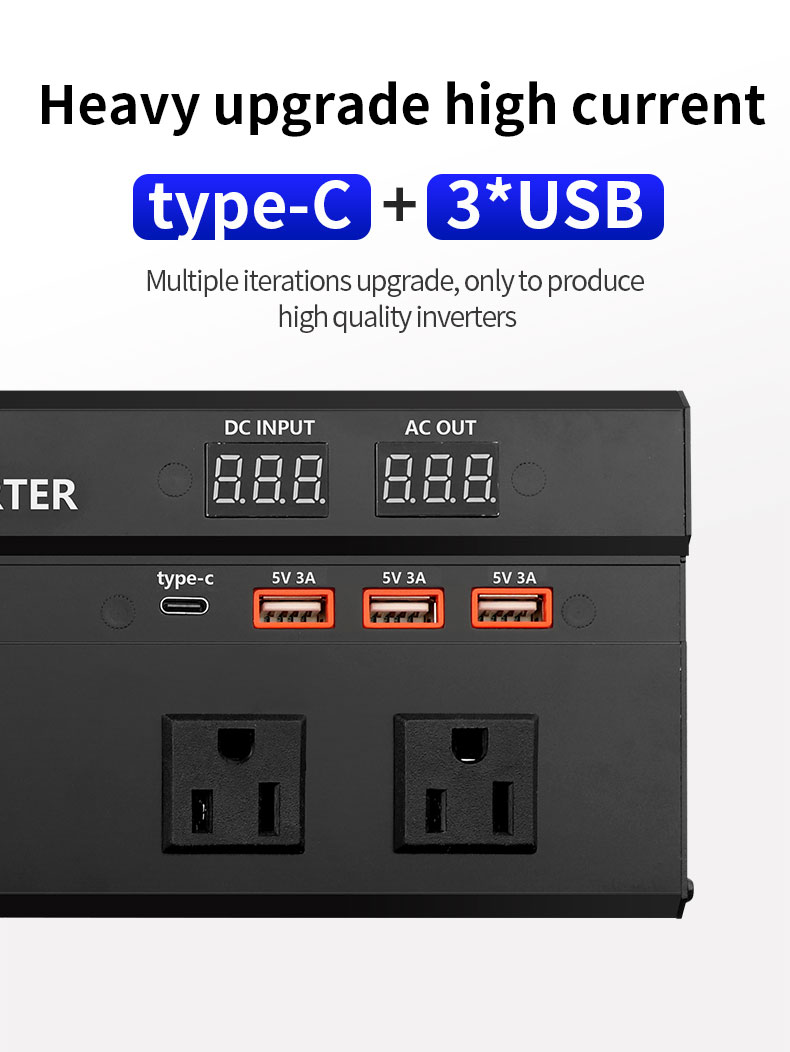 JahyElec 2000W Pure Sine Wave Power Inverter Universal DC 12V/24V to AC 110V 2-in-1 with LED Display 1Type-C 3 USB Ports