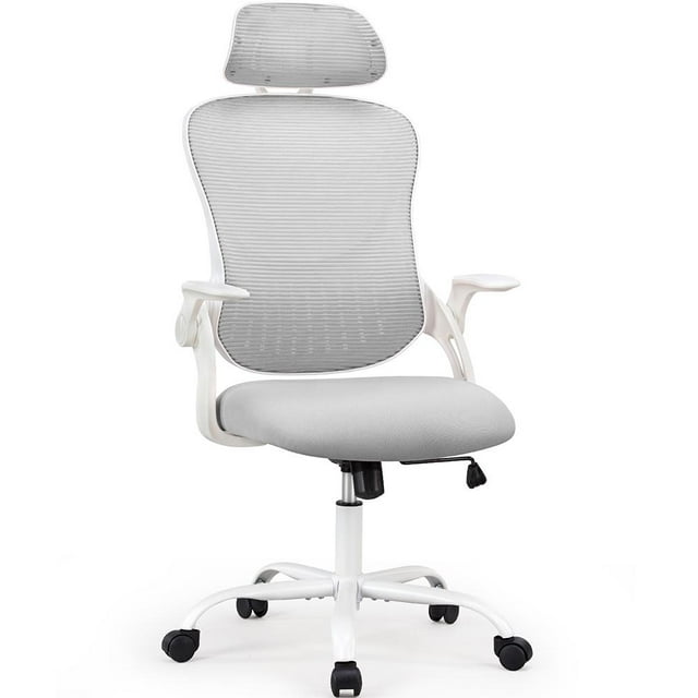 EDX Ergonomic Mesh Office Chair, Adjustable Height with Lumbar Support, Flipped up Armrests, Headrest, Grey