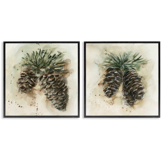 Stupell Industries Watercolor Drawing Pine Cones Plants & Flowers Painting Black Framed Art Print Wall Art, 17 x 17, Set of 2
