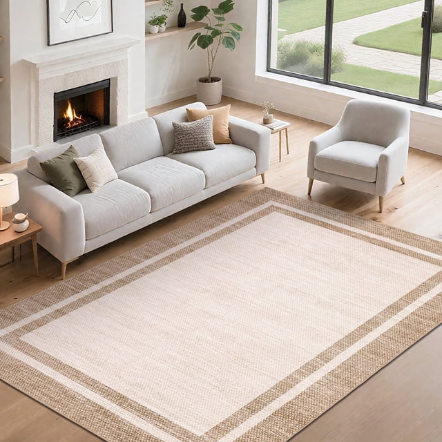 Garvee 5'x7' Modern Bordered Area Rug Solid Rugs, Washable Rugs Neutral Minimalist Carpet with Non Slip Backing Soft Thin Low Pile Rugs for Living Room Bedroom Home Decor, Beige Pink