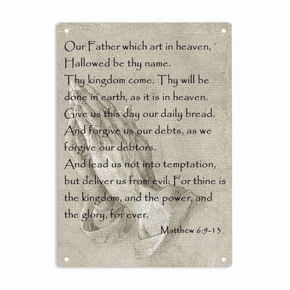 ERMUHEY The Lords Prayer With Folded Hands - Spiritual Sign Metal Tin Signs, Matthew 6:9-13 Biblical Prayer Poster for Home Office Bedroom Man Cave Wall Decor Plaque Sign 12x8 Inch