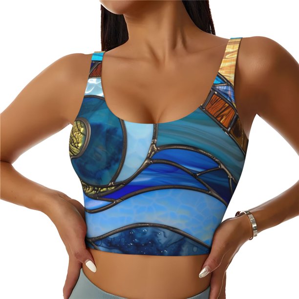 Balery Stained Glass Ocean Wave Sujetadores deportivos con espalda cruzada para mujer, acolchados, sin costuras, de alto impacto, ideales para yoga, gimnasio, entrenamiento y fitness.-Medium
