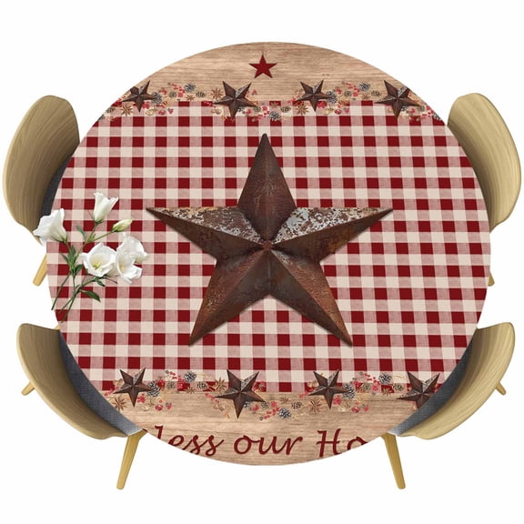 Country Star Farm Round Tablecloth, Fitted Table Cover with Elastic for 36"-44" Round Tables, Farmhouse Plaid Texas Vintage Fruit Table Cloth Outdoor Indoor Dinning Party Waterproof Tablecloths