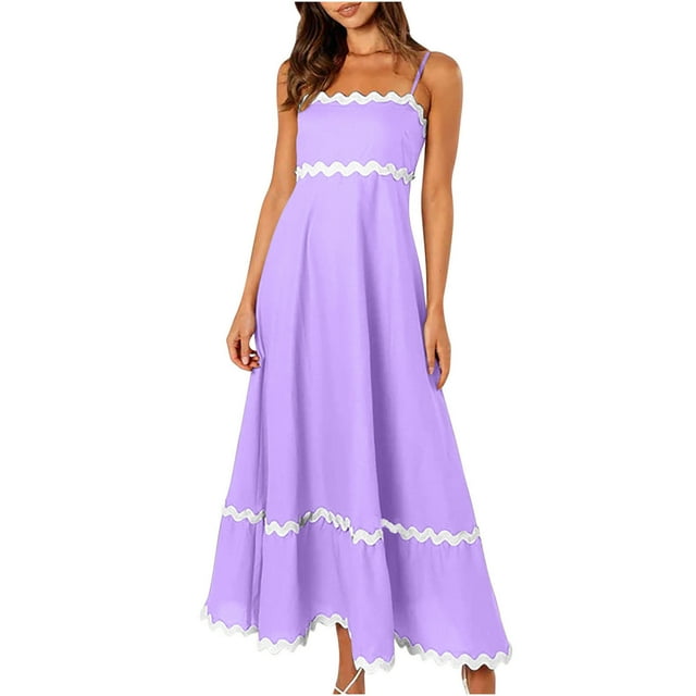 Robes à Bretelles Spaghetti pour Femmes Robe Midi Décontractée d'Été Robe de Plage Sans Manches Dos Nu Robes Boho Robes Fluides Robes de Soleil
