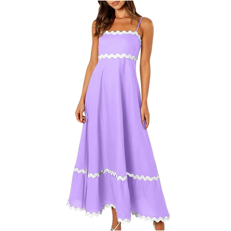Cagogo Women Casual 2025 Striped Tiered Swing Aline Flowy Maxi Long Sundresses Summer Sleeveless Spaghetti Strap Homecoming Dresses Square Neck Hide
