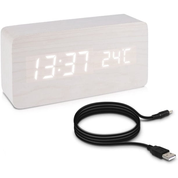 Reloj despertador LED de madera - Reloj digital con apariencia de madera - Reloj despertador matutino táctil con función de fecha, hora y temperatura - Rectángulo blanco y LED blanco oso de fresa Electrónica