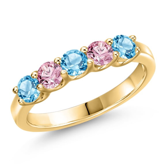 Gem Stone King 10K Yellow Gold Swiss Blue Topaz and Pink Lab Grown Diamond Wedding-Bands Ring for Women | 0.96 Cttw | Round 3.5MM | Gemstone November Birthstone | Size 5