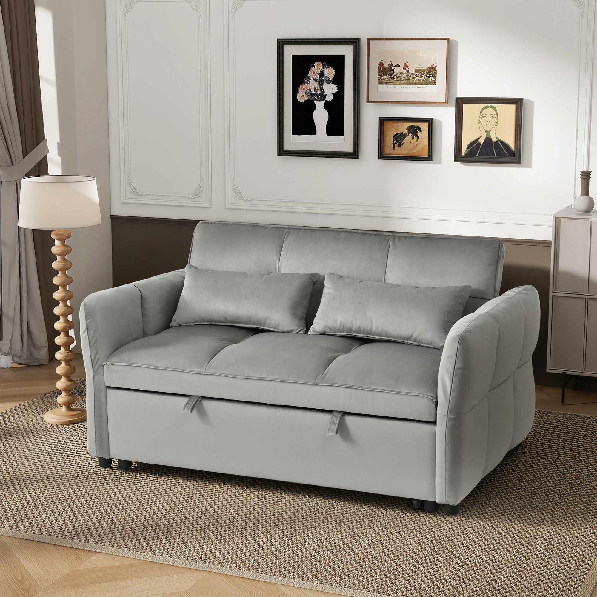 3-in-1 Pull Out Couch Bed with Reclining Backrest and Pillows Dark Grey Velvet Convertible Sleeper Sofa for Living Room Bedroom Apartment Small Spaces