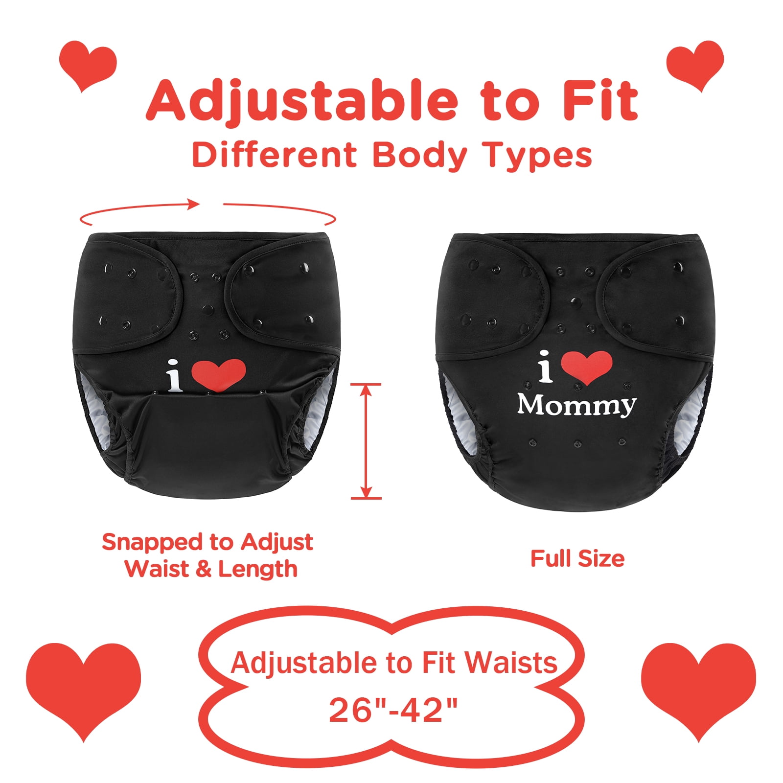 Littleforbig Washable Adjustable Reusable Waterproof Cloth Adult Diaper Wrap Cover One Size - I Love Mommy Black