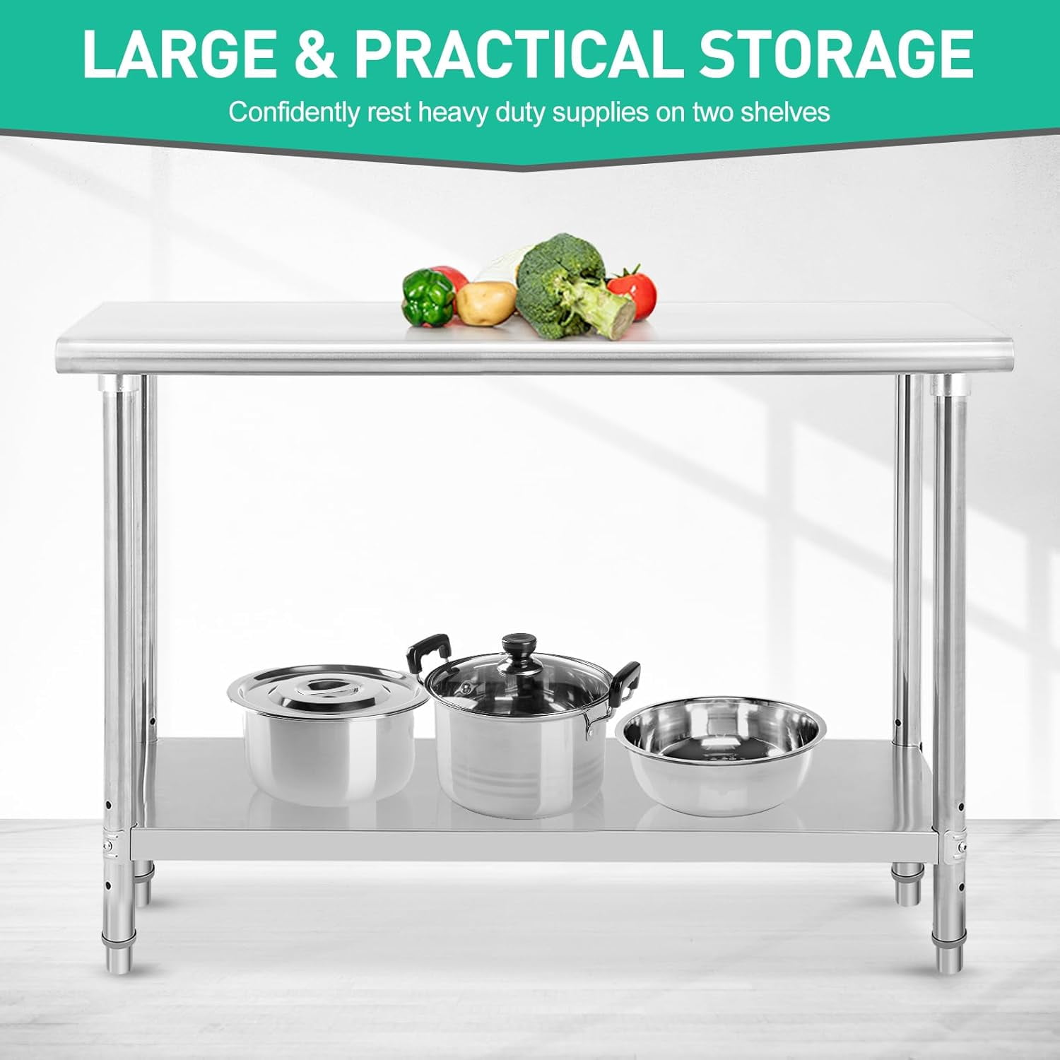 OUTGOODS Stainless Steel Work Table, NSF Commercial Grade, Adjustable Shelf, Silver
