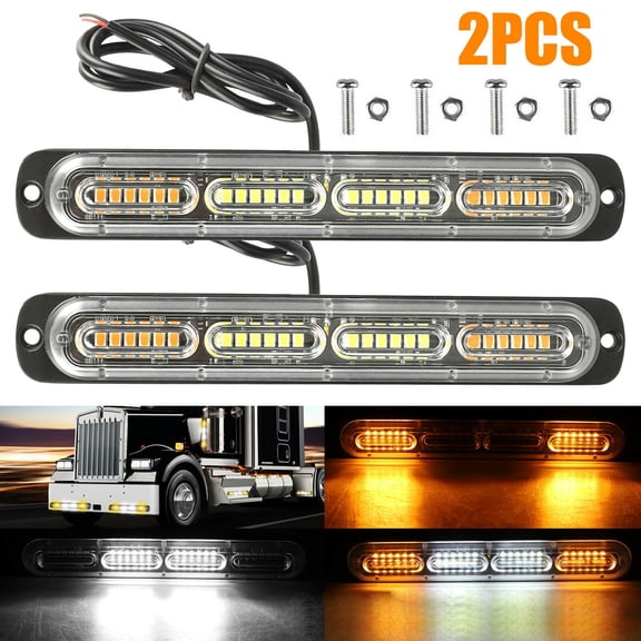 Universal 12–24V Amber/White LED Emergency Strobe Light Bars for Trucks Cars SUVs ATVs, Dual Piece Waterproof Flashing Warning Beacon, High Intensity LED Hazard Safety Flash Lights